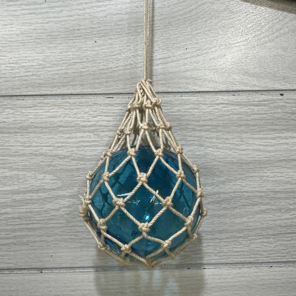 Vintage Japan 1960sHand Blown 3" Glass Fishing Float Buoy w/ 12" Netting Blue